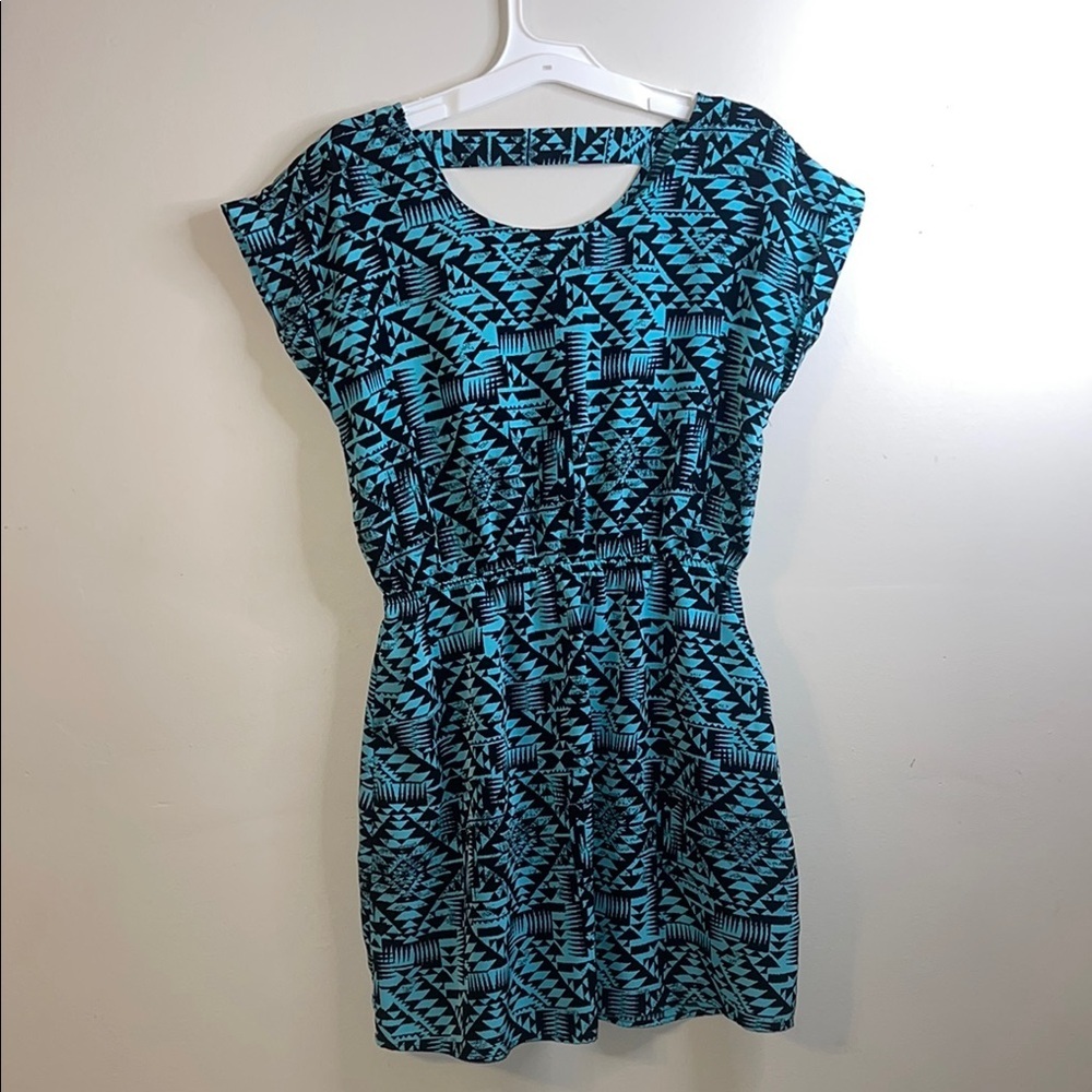 Pink Republic Teal Blue Aztec Tribal Geometric Cutout Back Dolman Dress M #219